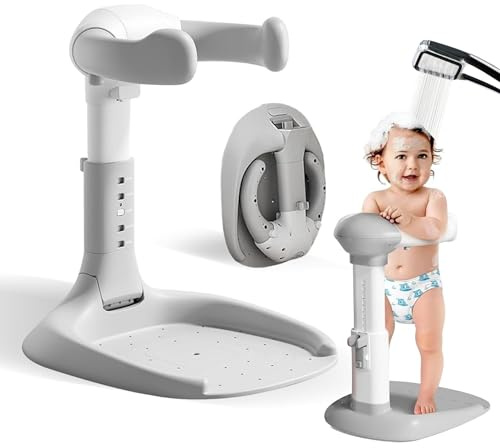 NEYYOS Baby Badewannenständer Duschständer Höhenverstellbar Zusammenklappbar - Duschhilfe Faltbar Badewanne Ständer Platzsparend, Stehhilfe - Kleinkinder Rutschfester Badeturm Badständer (Grau)