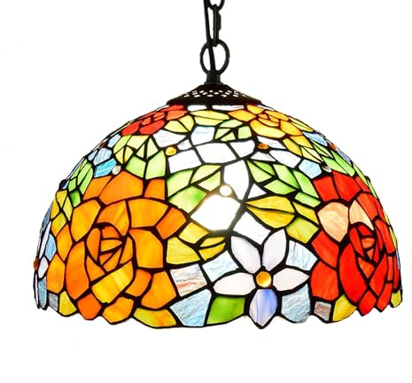 CraftedGlass Plafonnier style Tiffany, 30 cm, suspension en verre teinté, roses brillantes, décoration vintage, lustre for cuisine, salle à manger, salon, chambre à coucher, couloir