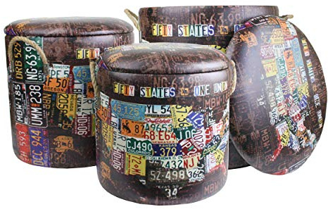 Emartbuy Set of 3 Vintage Oil Drum Storage Ottoman Barrel Stool Rope | Perfect for storage and seating. Retro oil drum design with removable lids and rope handles. Ideal for any room organisation.