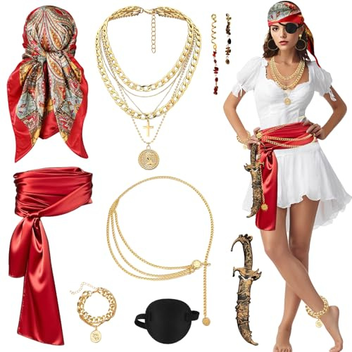 Costume De Pirate Déguisement Pirate Accessoires Pirate Avec Bandana Ceinture Cache Oeil Pirate Collier Bracelet Chaîne De Taille Accessoires Pour Cheveux Dague Pour Halloween Carnaval Jeu De Rôle