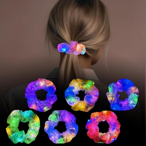 LED Scrunchies 6 Stück Leuchtende Haargummis Tüll Leucht Haarschmuck Leuchten Haarbänder mit 3 Licht Modi für Frauen Mädchen, Halloween, Weihnachten, Neujahr, Kostümpartys