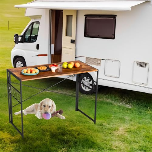 FurnitureR Klapptisch Camping Tisch 100x50cm - Falttisch mit Haken & Stahlrahmen, 5,5cm flach, rostfrei, 50kg Tragkraft für Wohnmobil, Van, Reisen (Braun Holzoptik)