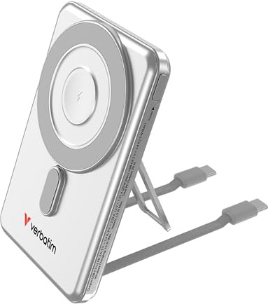 Verbatim Charge 'n' Go MagSafe Power Bank 5000 mAh [Silver] 15 W Magnetic - PD 20 W Quick Charge Function, LED Display & Foldable Stand for iPhone 17/16/15/14/13/12 Pro/Pro Max - Includes Two USB-C