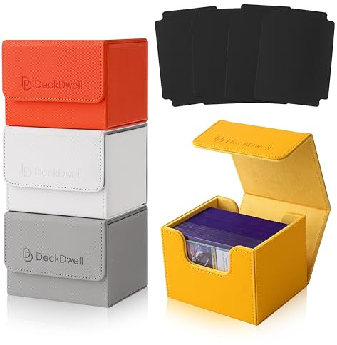 4 Pack TCG Commander Deck Box with 50 Card Sleeves - Holds 400+ Double Sleeved Cards (100+ Per Box), Leather Trading Card Game Deck Box Set with 8 Dividers, Magnetic Closure Orange/Yellow/Grey/White