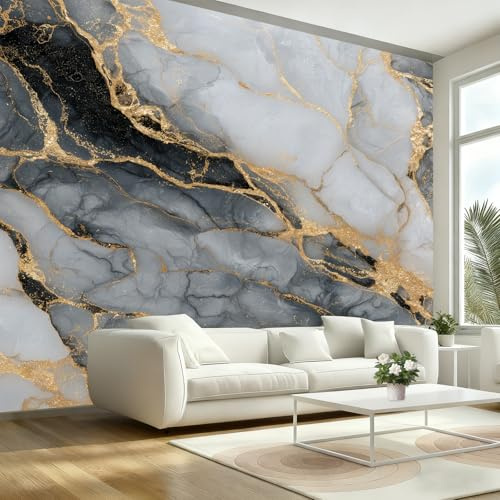 Luxus Blattgold Marmor Grau Tapete Vliestapetenkleister 300x210cm (B x H) Fototapete Wohnzimmer Tapete Klassisches Marmorgrau Möbelfolie Vliestapete Schlafzimmer Küchentapete Wandfolie