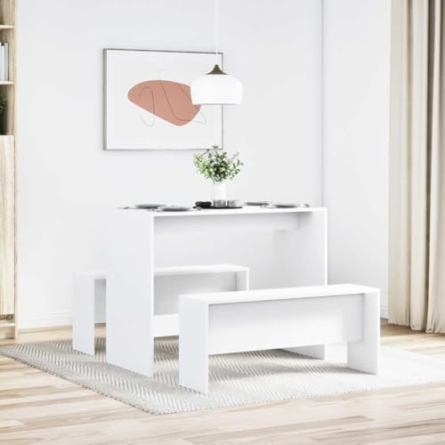 ChicAbode 3-TLG. Esstisch und Bank Set Weiß Holzwerkstoff