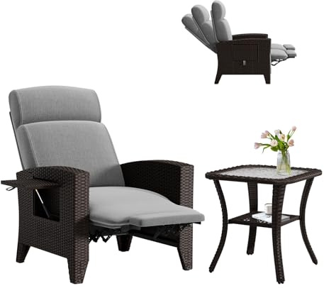 Rattansessel,handgeflochtenem Premium Gartenliege aus PE-Rattan, verstellbar (bis 165°) | Mit Klapptisch & Fußstütze | Wetterfest inkl. Kissen & Abdeckung | Für Balkon & Garten (A-(R)+Couchtisch)