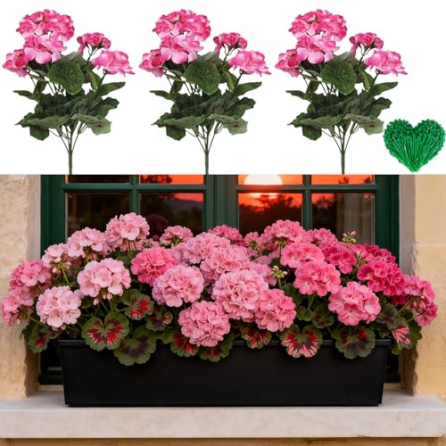 LHLZNB 3Packs Pink Fake Begonia Flowers with 10 Zip Ties, UV Resistant Artificial Silk Blooms for Outdoor Indoor Garden Window Box Home Decor