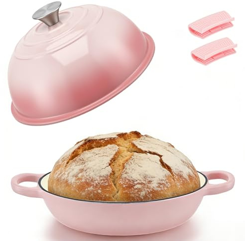 Dutch Oven for Bread Making, 5QT Enamel Cast Iron Casserole Pot with Lid, 26cm Non-Stick Dutch Oven with Silicone Handles, for Sourdough, Roasting, Braising & Stewing (Pink)