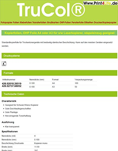 trucol OHP Folie A4, 100 Kopierfolien, Overhead OHP Folie A4 für s/w Laserkopierer, 100 Folien (VE) stapeleinzug geeignet
