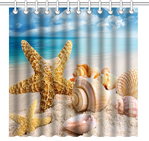 Qilerongrong Seestern Conch Badezimmer Duschvorhang, Anti-Schimmel 100% Polyester Badewanne Duschvorhänge, 3D Effekt und Digitaldruck, Wasserdicht mit 12 weißen Haken, 180 x 180cm