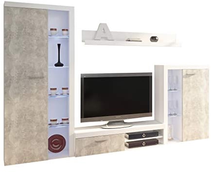 Wohnwand Rango, Design Wohnzimmer Set, Modernes Anbauwand, Schrankwand, Vitrine, TV Lowboard, Mediawand, (ohne Beleuchtung, Weiß/Beton Hell)