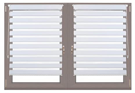 Relaxdays Doppelrollo Klemmfix ohne bohren, 2er Pack, Seitenzugrollo mit Streifen, Duo-Rollo für Fenster, Stoff 106x156 cm, weiß