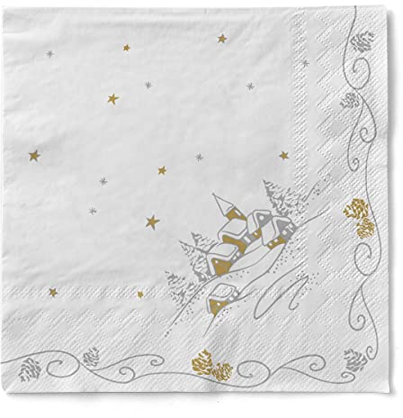 Sovie HORECA Serviette Panorama in Weiss-Silber aus 3-lagigem Tissue, Weihnachtsserviette Einweg Wintermotiv, ideal für Advents- & Weihnachtsfeiern 40 x 40 cm, 100 Stück