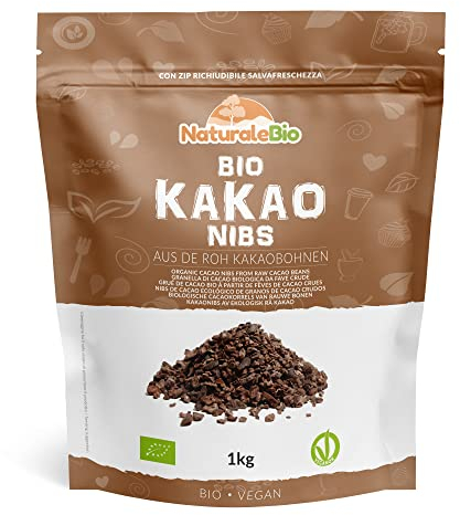 NaturaleBio Roh Kakao Nibs 1Kg. Organic Raw Cacao Nibs. Rohkost, natürlich und rein. Produziert aus der Theobroma Pflanze. Quelle für Magnesium, Kalium und Eisen.