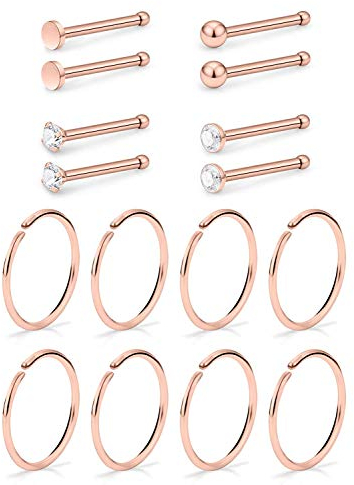 AceFun 20G 16 Stücke Nasenring Nasenpiercing I-Form Nasenstecker mit Strass 5 Stil 316L Edelstahl Nasenstecker Nasenschraube Rose Gold Farbe