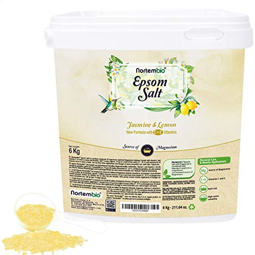 Nortembio Epsom Salz 6 Kg. Neuartigen Duft von Jasmin und Zitrone. Hydratisiert mit Vitamin C und E. Badesalz und Körperpflege. E-Book Inklusiv.