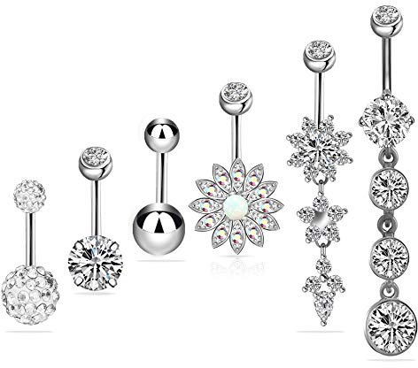 SMCTCRED 6 PCS 14G 316L en acier chirurgical CZ nombril anneaux avec Dangle Cubique Zircone Courbe Corps Piercing Bijoux Barbells pour Femmes Filles, Métal, Alliage, Métal, Alliage