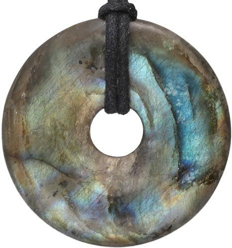 Lebensquelle Plus Edelstein Donut Ø 40 mm + Baumwollband + Edelsteinkarte | Naturstein Anhänger Halskette | Echte Heilsteinkette inkl. Band (Labradorit)