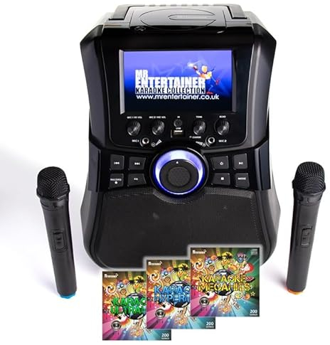 Mr Entertainer Megabox Portable Karaoke Machine with Screen. CDG/DVD/MP3G/USB. Includes 600 Song Family Party Pack and 2 Wireless Microphones
