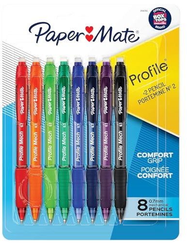 Paper Mate Profile Mech Mechanical Pencils, 0.7mm #2 Pencil Lead, Comfort Grip, Assorted Barrel Colors, 8 Count - Office Supplies