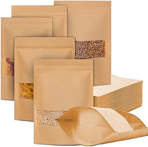 75 Pcs Bulk Heat Sealable Bags for Packaging - Food Grade Zip Stand Up Kraft Bags with Window - Resealable Waxed Paper Pouch for Selling Products (16cm x 22cm) - 14oz