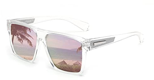 JIM HALO Retro Polarisierte Sonnenbrille Männer Frauen Flat Top Square Brille (Klarer Rahmen/Polarisierter Spiegel Rosa Linse)
