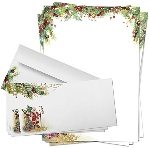 50 x Weihnachtspapier mit Umschlag Set - Motiv Klassisch mit Weihnachtsmann - Papier DIN A4 Weihnachten beidseitig, Kuvert DIN LANG