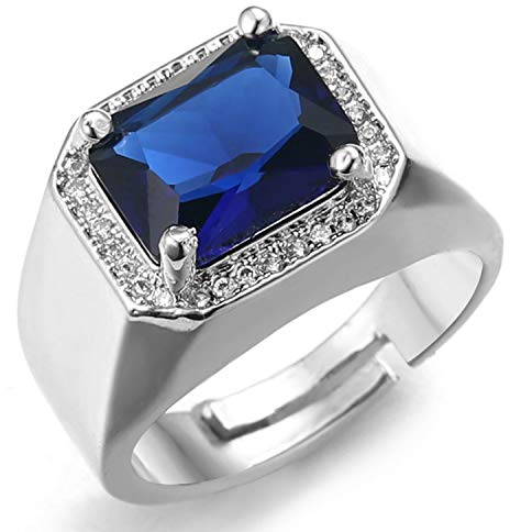Halukakah Diamantring mit Blauem Edelsteinkristall,Herren 18 Karat Echtes Weißgold Platiniert Iced Out Handset Lab Diamanten Größe Einstellbar mit KOSTENLOSER Geschenkbox