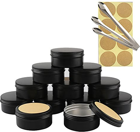 TIANZD 10 Stück Leere 150 ml Rund Matt Schwarz Aluminium Schraubdose Cremedose Alu-Tiegel Dosen mit Schraub-Deckel 15ml Aludose Blechdosen für Kosmetik Kerze Salben mit 3x Löffel 12x Etikette