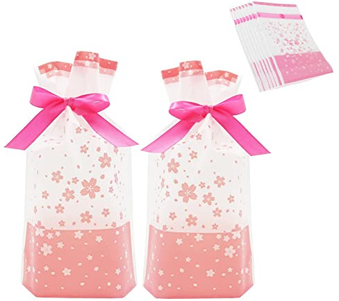 KUPOO Süßigkeiten-Plätzchen-Geschenktüten aus Kunststoff mit Kordelzug, 15,2 x 22,9 cm, rosa Kirschblütenbeutel für Geburtstag, Party, Hochzeit, Festival, Geschenkverpackung (rosa Kirschblüte)