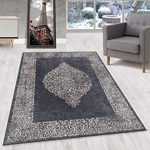 HomebyHome Kurzflor Teppich Wohnzimmer 160x230 cm, Vintage und Klassisches Design, in Schwarz - Orientteppich Bordüre, rutschfest, Waschbar und Weich - Ideal für Schlafzimmer, Esszimmer, Küche