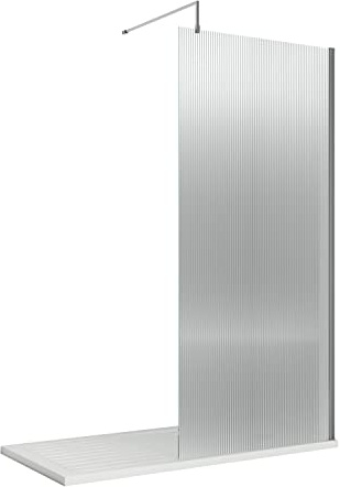 Hudson Reed WRFL19510 Fluted Modern Bathroom Fluted 8mm Toughened Safety Glass Wetroom Screen with Support Arm, 1950mm x 1000mm, Chrome
