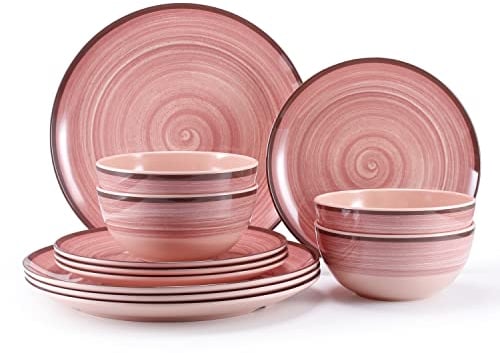 12Pcs Melamine Dinnerware Set, Plates And Bowls Sets for 4, Pink Color Dinnerware Sets, Melamine Plates Bowls Indoor and Outdoor Use Dish Set Dishwasher Safe BPA Free(Pink)