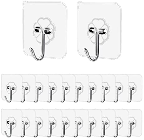 TRESBIEN Self Adhesive Wall Hooks 20Packs Heavy Duty Sticky Hooks, Stainless Utility Towel Bath Ceiling for Reusable Waterproof and Oilproof Kitchen Bathroom Closet Glass Door, 6 x 6 x2.5cm