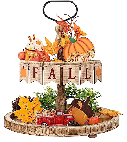 11 PCS Fall Farmhouse Tiered Tray Decor Set, Pumpkin Maple Leaves Acorn Wooden Signs Small Farmhouse Fall Decor Thanksgiving Autumn Harvest Table Ornaments, Tray Not Included(yellow)