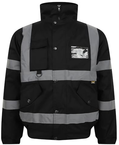 Grunge Wear® Hi Vis Viz Bomber Jacket High Visibility Workwear Safety Security Hooded Padded Waterproof Taped Seams Work Wear Coat Top (Black, X-Large)