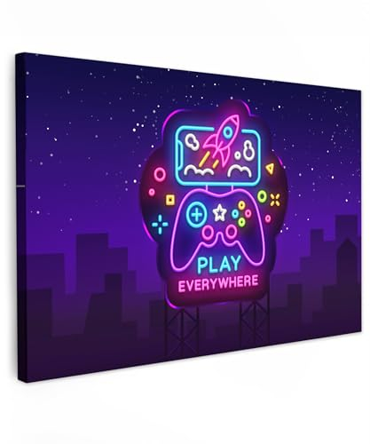 MuchoWow© Leinwandbild Groß 120x80 cm XXL Dekoration Wohnzimmer Bilder Aufhängen Wall Decoration Living Room Wohnungs Deko Moderne Gaming - Neon - Spiele - Blau - Nacht - Spielkonsole