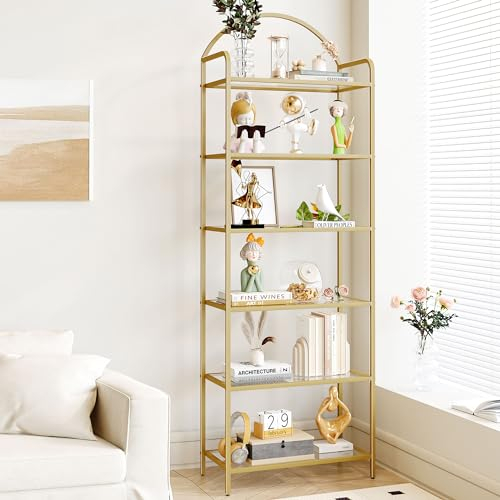 Hzuaneri Regal, Bücherregal aus gehärtetem Glas, schlankes Regal für Schlafzimmer, Badezimmer, Heimbüro, Stahlrahmen, 6 Ablagen Gold BC21699G