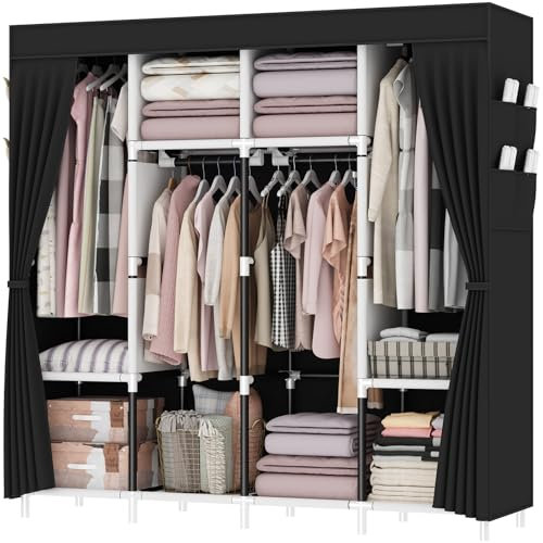 OPPAIYA Canvas Wardrobe, Zippered Open Wardrobes, Portable Wardrobe With 4 Hanging Rails, 4 Compartments and 8 Side Pocket Fabric Wardrobes, 165 x 165 x 45 cm, Great Foldable wardrobes for Bedroom
