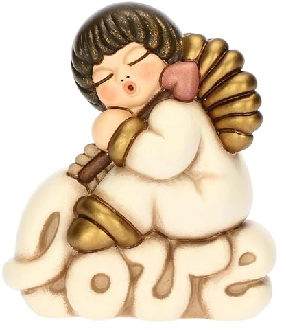 THUN, Angelo Amore su Scritta Love in Ceramica Decorata a Mano, Versione Media, Linea Angel Love, 9.7 x 5.8 x 10.9 cm h