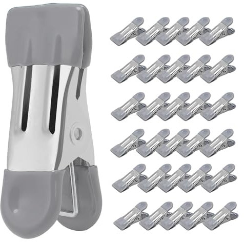 Wäscheklammern aus Metall, robust, 5,7 cm, 30 Stück, Wäscheklammern zum Trocknen von Fotos, Wäscheleine, Wäscheleine, Beutelklammern für Lebensmittel, Küche, Edelstahl mit Gummi, Grau