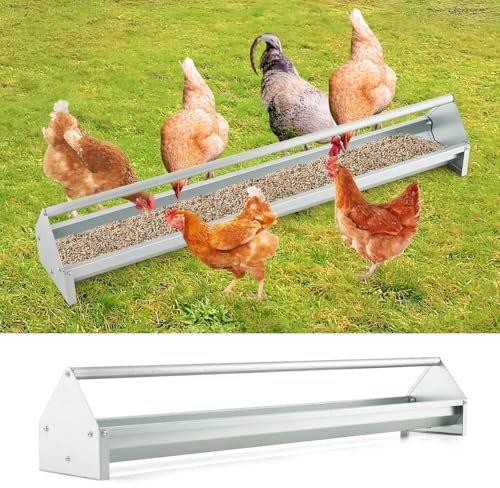 COSTWAY Futtertrog aus verzinktem Metall, 15 L für 12 Hühner, Metalltrog für Hühnerfutter, Futterautomat für Hühner Geflügel Enten, Futterspender mit Abflusslöchern, 115 x 20,5 x 20,5 cm