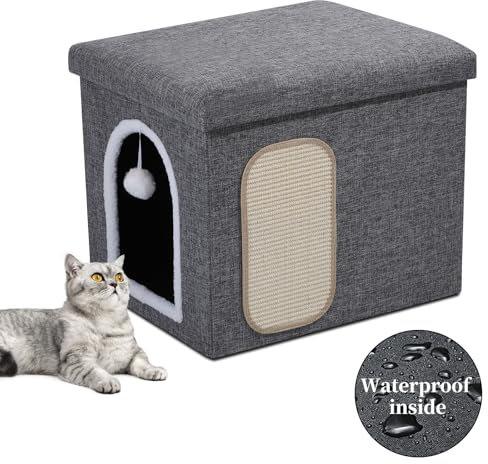 4 in 1 Faltbar Katzentoilette Möbel Hocker für Verstecktem Katzen-Waschraum, Katzenhöhle Sitzbank, Aufbewahrung, Große Geschlossene Katzenklo haus mit wasserdichter Innenseite, 55*45*45 cm, hundefest