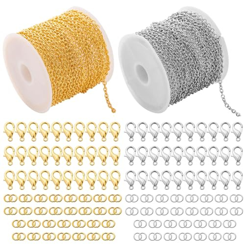 10 Meter lange Kette, Schmuckkette, Goldkette und Silberkette, inklusive 120 Ringen und 60 Karabinerverschlüssen, für DIY-Halsketten-Bastelarbeiten, (Gold + Silber, 5 x 2,4 mm)