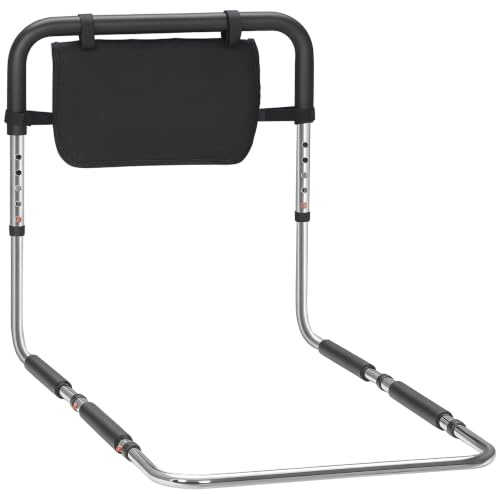 HOMCOM Barre d'appui Lit Barrière Lit Adulte 5 Hauteurs 87Lx51,5lx45-55H cm | Poignée Réglable, Barrière Sécurisée Protection, Pochette Rangement