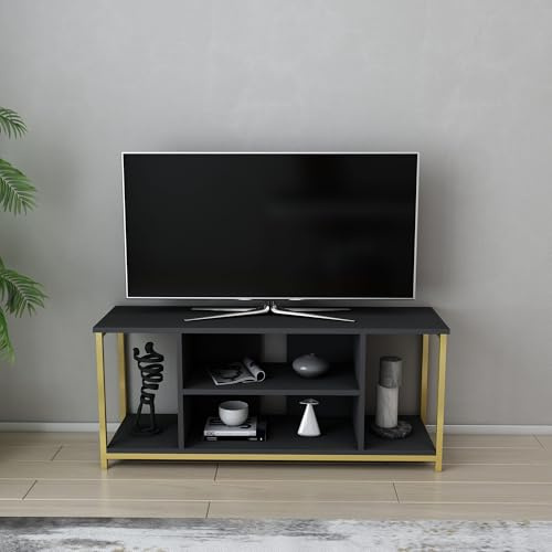 Hanah Home Glam TV Stand, Anthracite & Gold, 120 x 35 x 50.8 cm | 100% Melamine Coated Particle Board, 18 mm Thick, Sturdy Metal Frame | Stylish & Functional Design for Modern Living Rooms