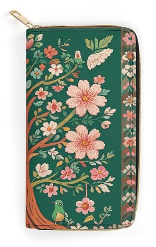 QWNMD Portefeuille en cuir pour femme avec motif arbre de vie vert, porte-cartes avec fermeture éclair, arbre de vie vert, 19,8 x 10,4 x 3,6 cm, moderne, Arbre de vie vert, 7.8 x 4.1 x 1.4 inches,