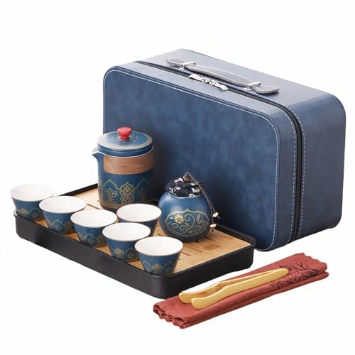 Webao Teeservice aus Porzellan, Chinesischer Reise Tee Set mit 6 Keramik Tassen, Klein Teekanne mit Eingebautes Sieb für Losen Tee, Elegante Blau