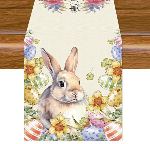Aitsite Tischläufer Ostern, Kaninchen Osterei Tischdecke Ostern Tischläufer Frühling, Abwaschbare Osterhase Tischdekoration Wasserabweisend osterdeko innen